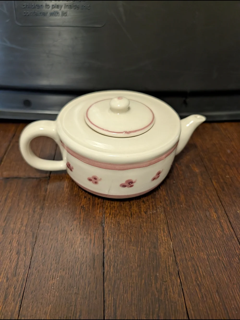 Vintage Cream Ceramic Teapot with Pink Band and Floral Motif